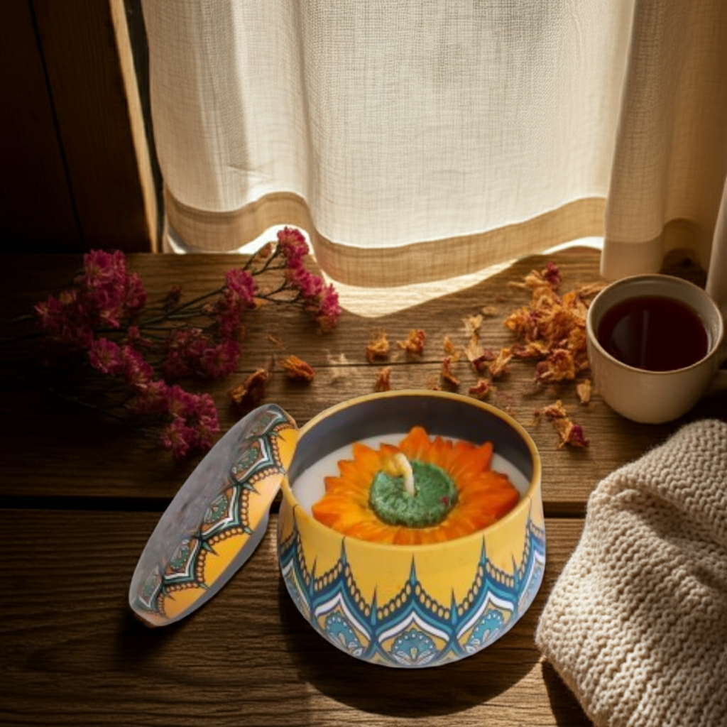 Big Flower Scented Candle in Mandala Tin Jar