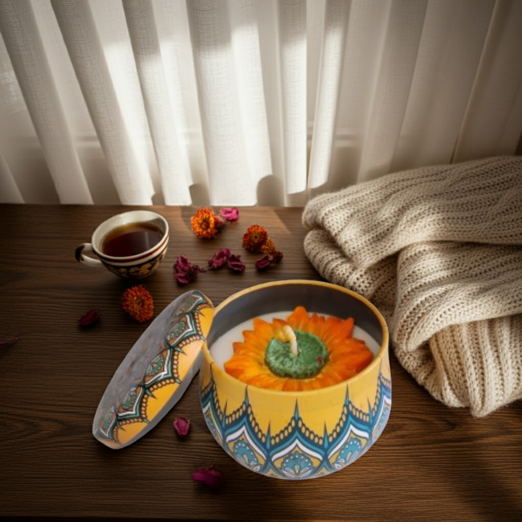 Big Flower Scented Candle in Mandala Tin Jar