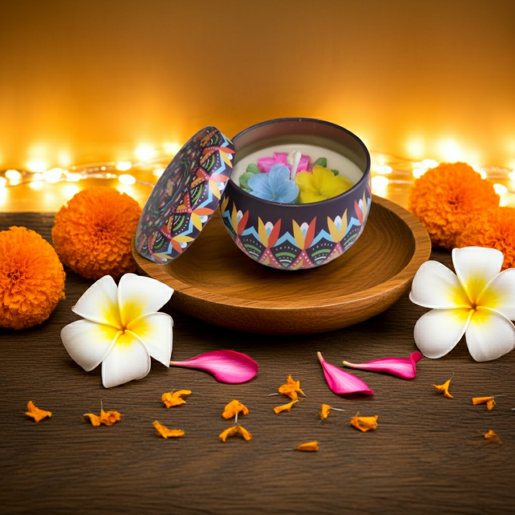 Plumeria Scented Candle in Mandala Tin Jar