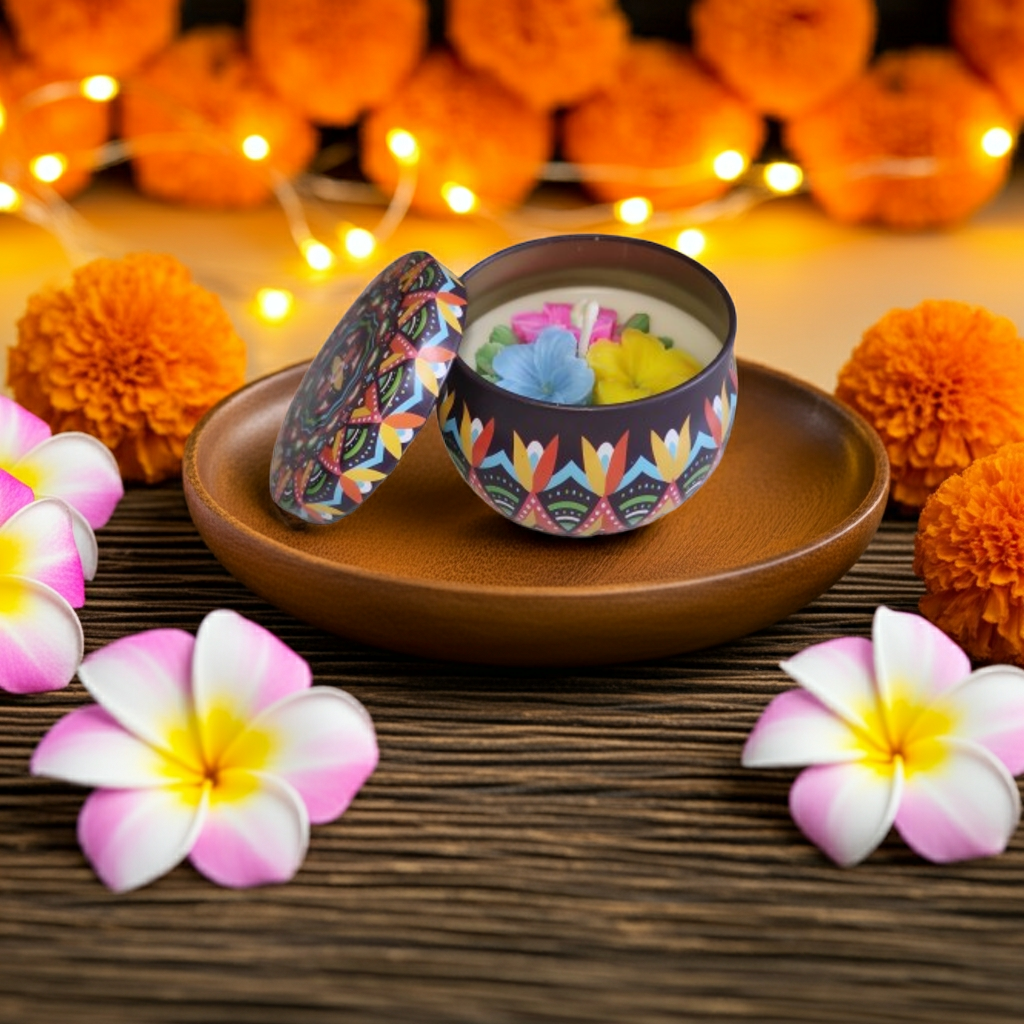 Plumeria Scented Candle in Mandala Tin Jar