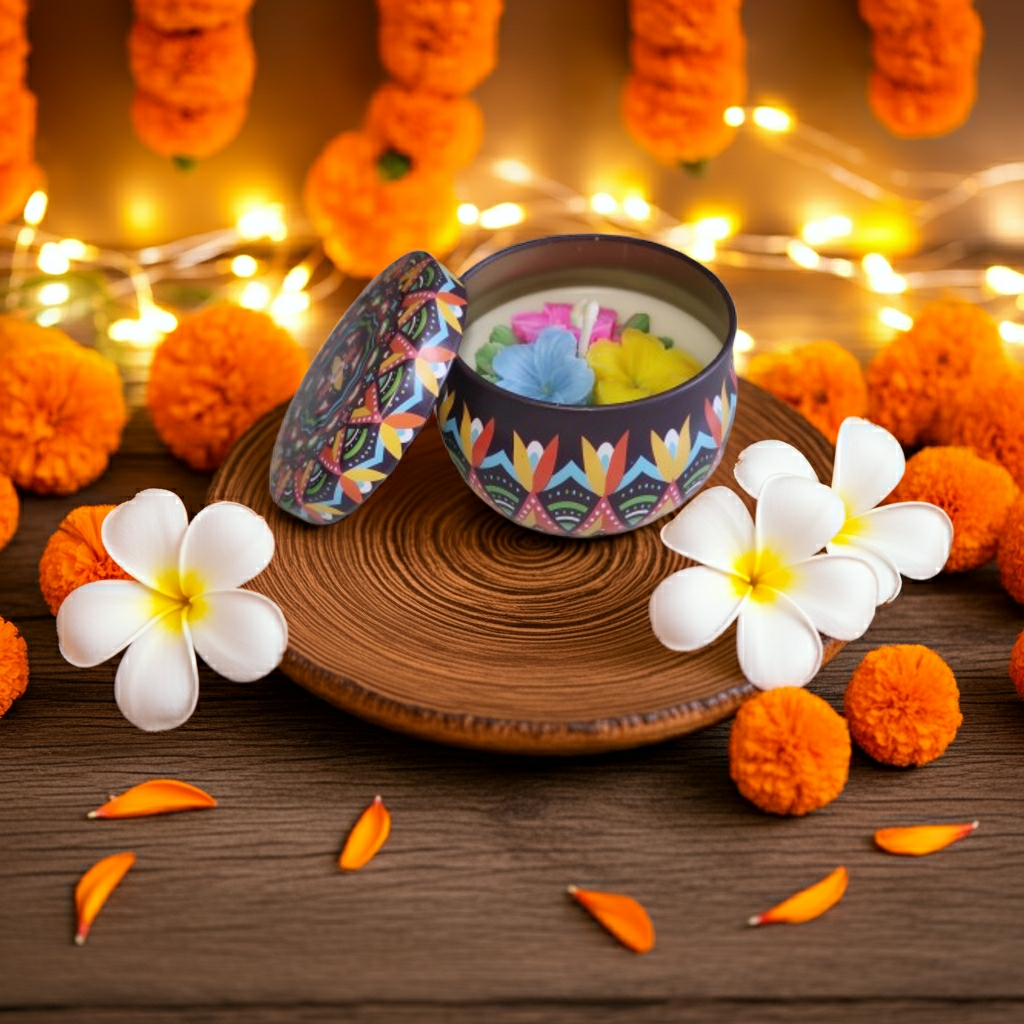 Plumeria Scented Candle in Mandala Tin Jar