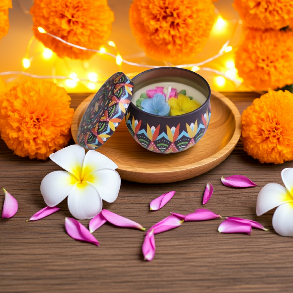 Plumeria Scented Candle in Mandala Tin Jar
