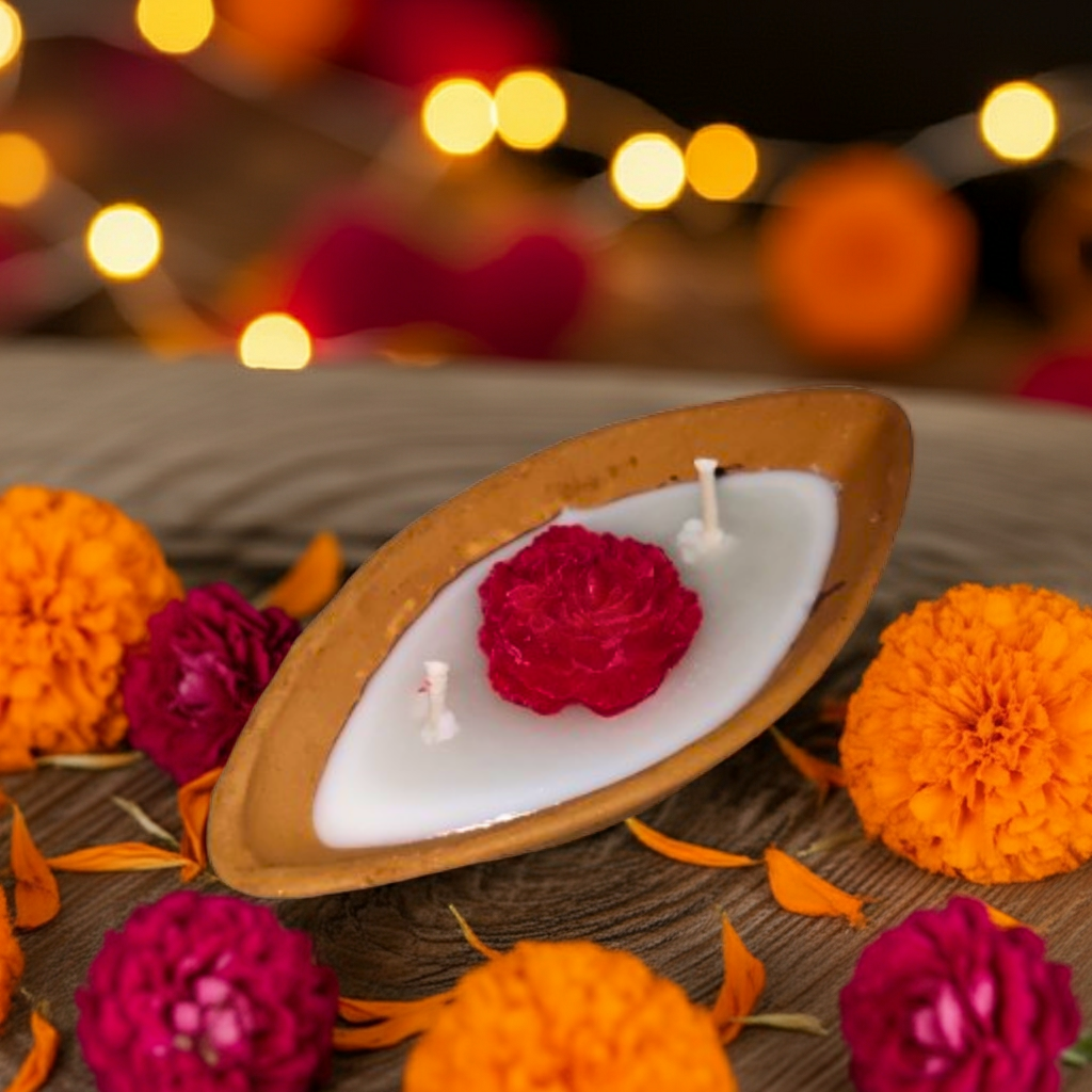 Terracotta Boat with Flower Scented Candle