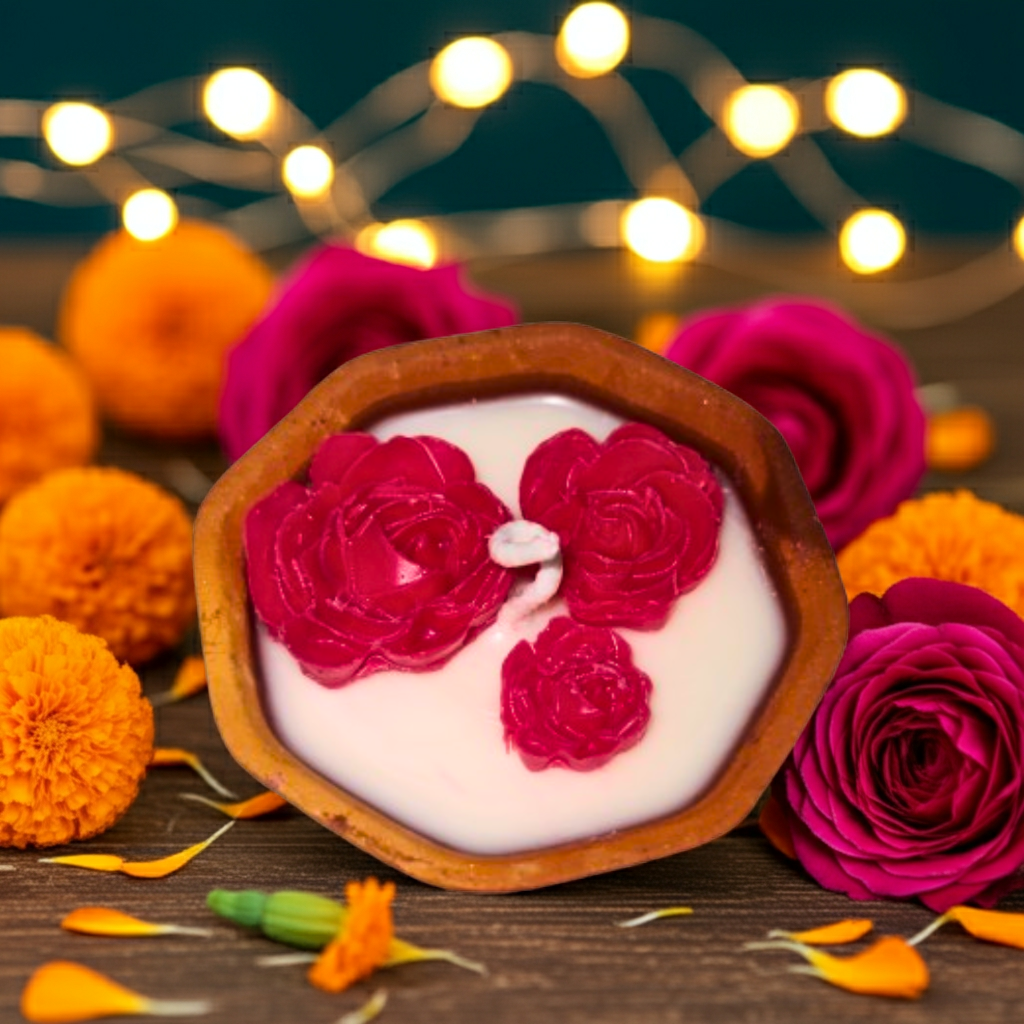 Terracotta Hexagonal Pot with Flowers Scented Candle