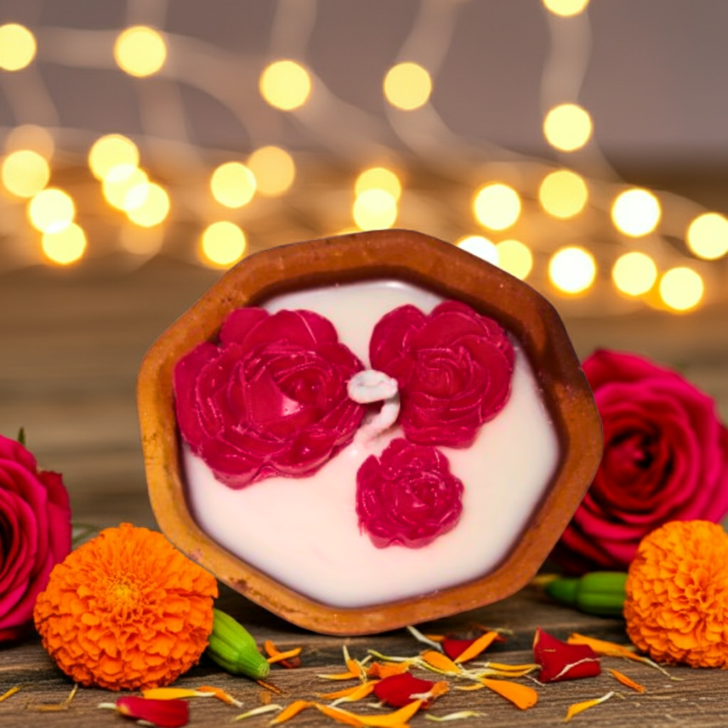 Terracotta Hexagonal Pot with Flowers Scented Candle