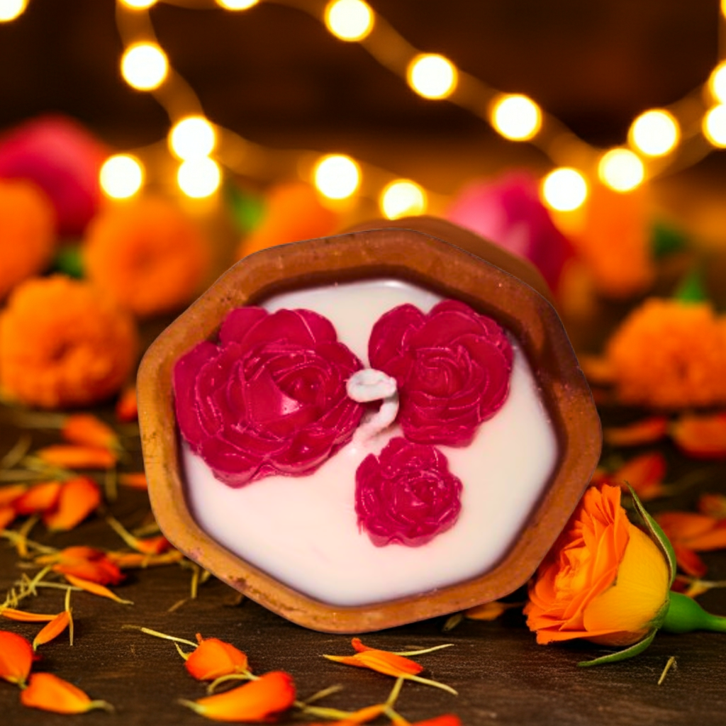 Terracotta Hexagonal Pot with Flowers Scented Candle