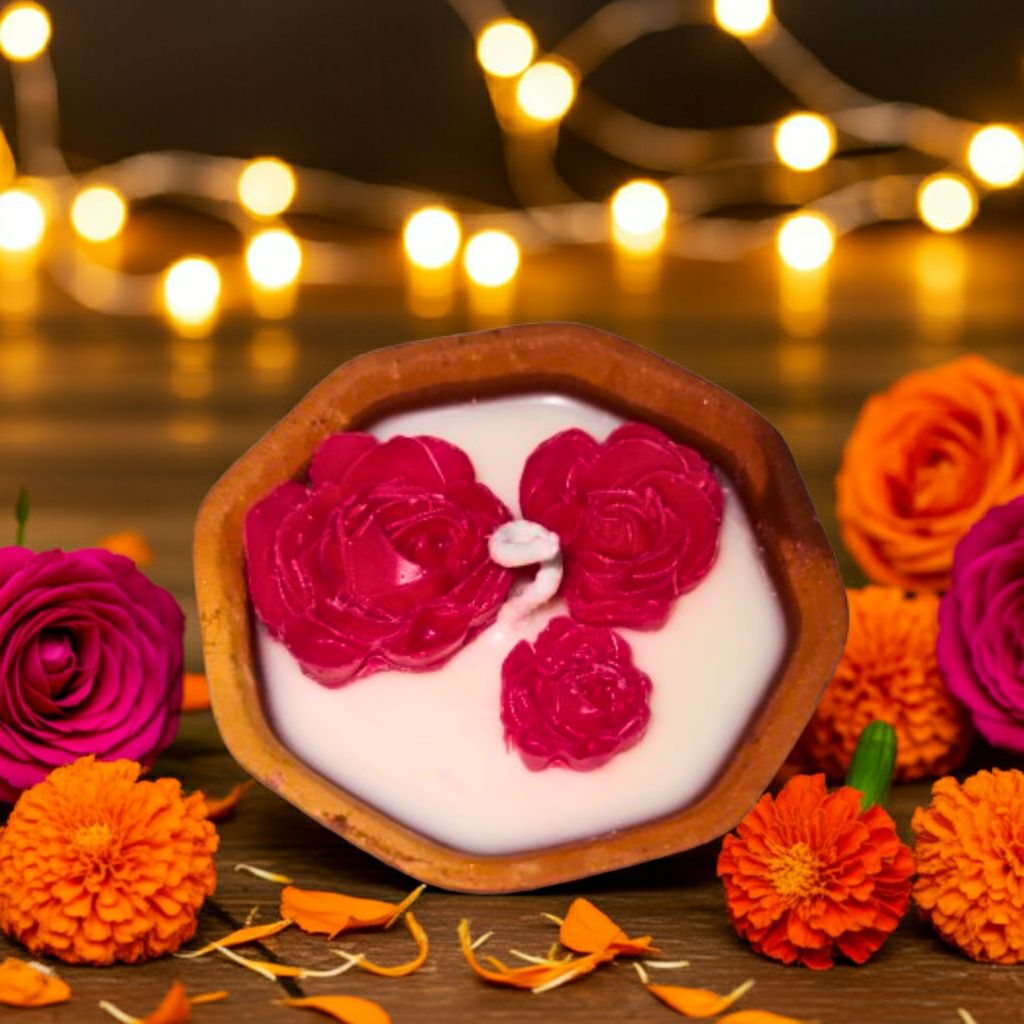 Terracotta Hexagonal Pot with Flowers Scented Candle